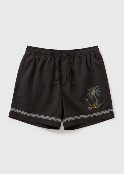 Black Palm Tree Embroidered Swim Shorts