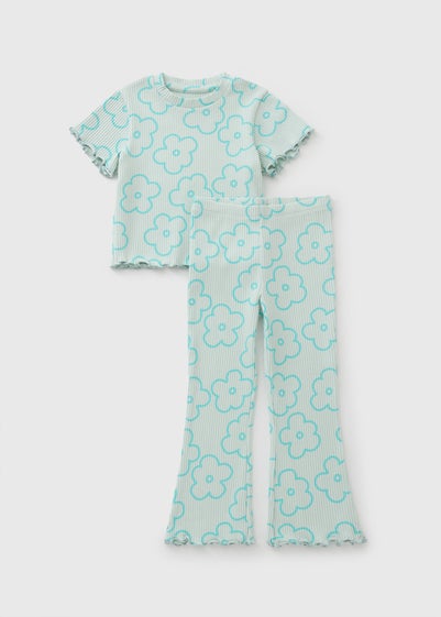 Girls Aqua Floral Top & Flares Set (1-7yrs)