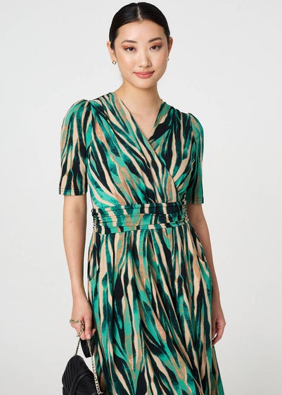 Izabel London Green Printed Wrap Waist Midi Dress