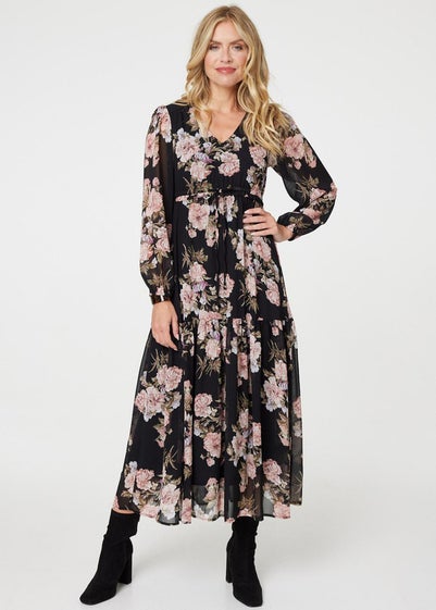 Izabel London Black Floral Semi Sheer Empire Waist Midi Dress