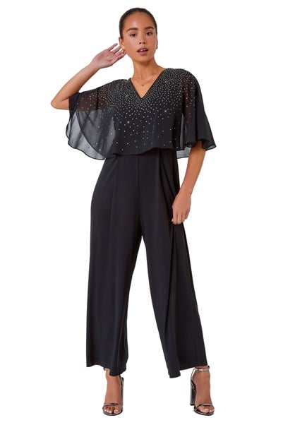 Roman Black Petite Embellished Overlay Stretch Jumpsuit