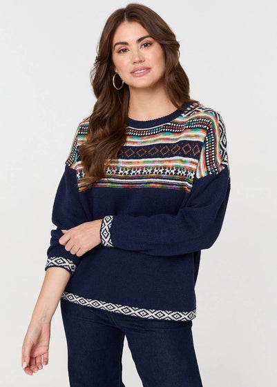 Izabel London Navy Ikat Print Drop Shoulder Jumper