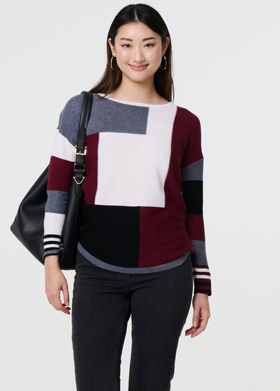 Izabel London Red Colour Block Curve Hem Boat Neck Jumper