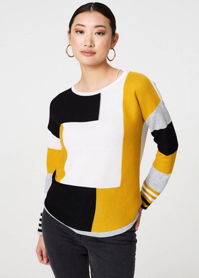 Izabel London Mustard Colour Block Curve Hem Boat Neck Jumper