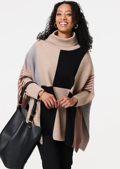 Izabel London Beige Colour Block Roll Neck Knitted Poncho