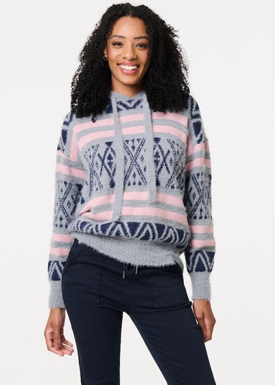 Izabel London Grey Ikat Print Relaxed Hooded Sweatshirt