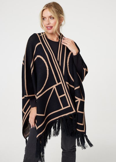 Izabel London Black Printed Tassel Fringe Longline Poncho