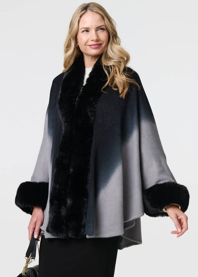 Izabel London Black Faux Fur Trim Thigh Length Poncho