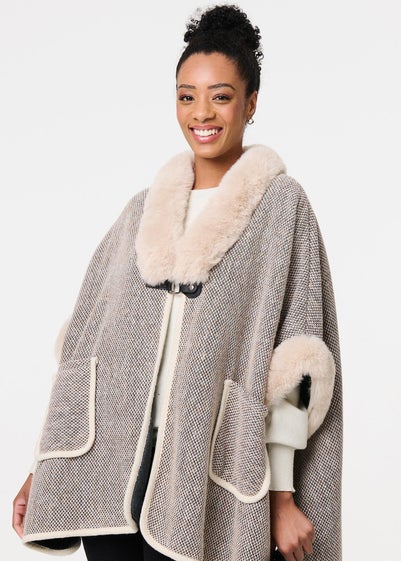 Izabel London Beige Faux Fur Trim Buckled Poncho