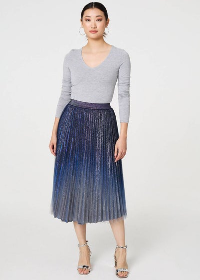 Izabel London Blue Glittery Sheer Mesh Pleated Midi Skirt