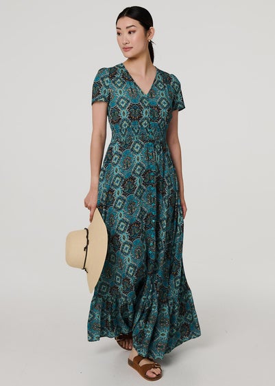 Izabel London Green Mosaic Print Short Sleeve Smock Maxi Dress