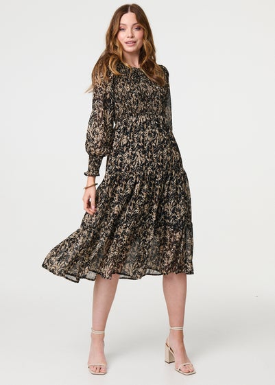 Izabel London Black Printed Semi Sheer Smock Midi Dress