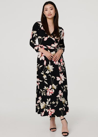 Izabel London Black Floral Tie Waist Maxi Dress