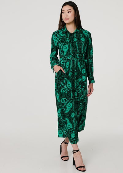 Izabel London Green Paisley Long Sleeve Midi Shirt Dress