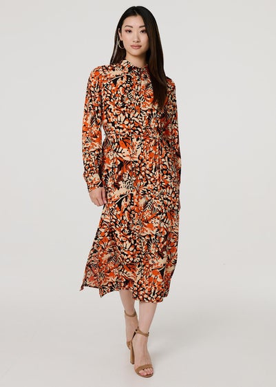 Izabel London Orange Floral Long Sleeve Midi Shirt Dress