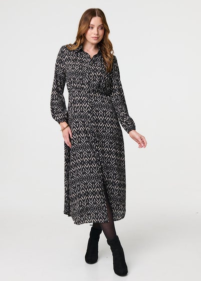 Izabel London Black Chevron Print Long Sleeve Midi Shirt Dress