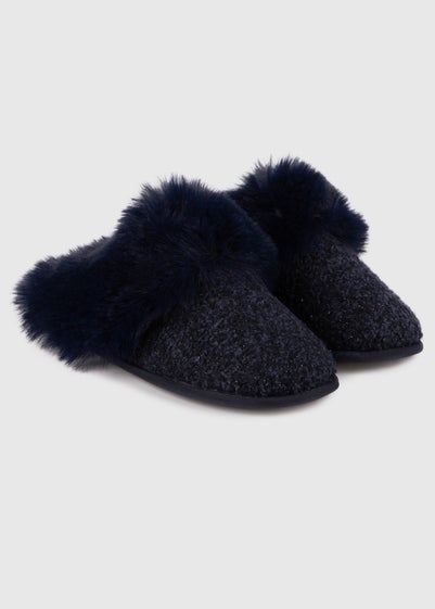 Totes Toasties Navy Ladies Textured Sparkle Faux Fur Mule Slippers