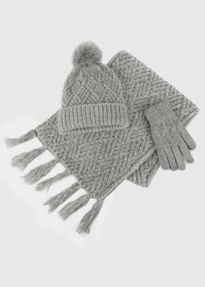 Totes Toasties Grey Ladies Knitted Hat  Scarf & Mitten Gift Set