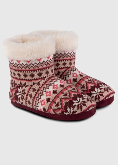 Totes Toasties Ladies Fair Isle Knit Boot Slippers With Faux Fur Cuff