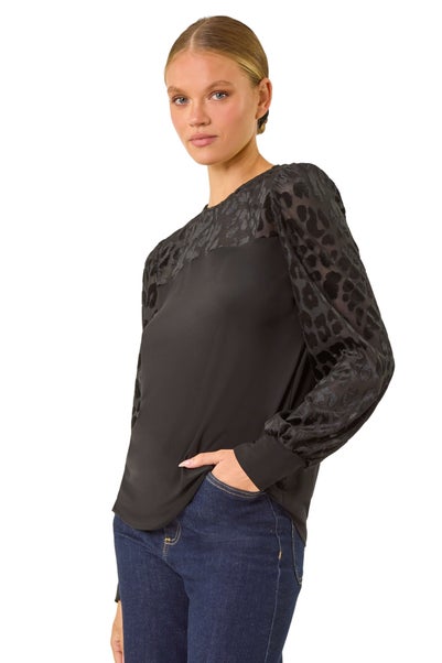 Roman Black Animal Print Velvet Puff Sleeve Jersey Top