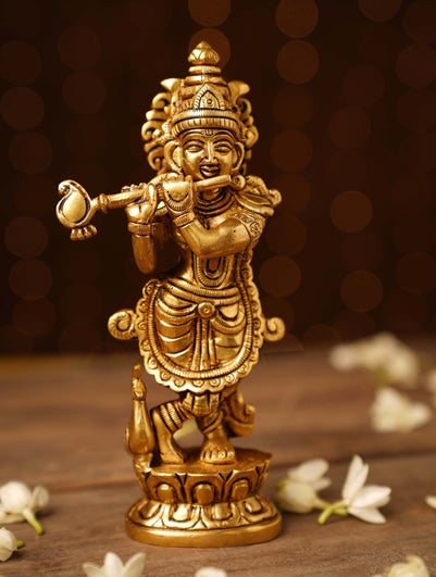 Jaypore Antique Gold Brass Hand Crafted Krishna Idol - Free Size