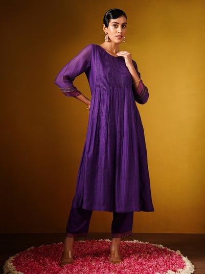 Jaypore Women Purple Cotton Silk Hand Embroidery Round Neck Flared Kurta with Pants - S