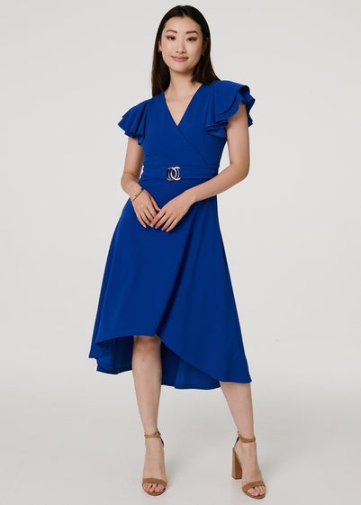 Izabel London Blue Belt Detail Frilled Sleeve Midi Dress