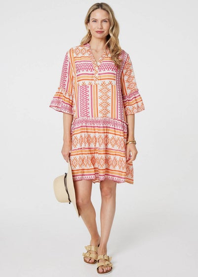 Izabel London Pink Aztec Print V-Neck Short Dress