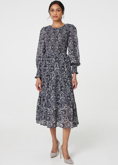 Izabel London Black Paisley Long Puff Sleeve Midi Smock Dress