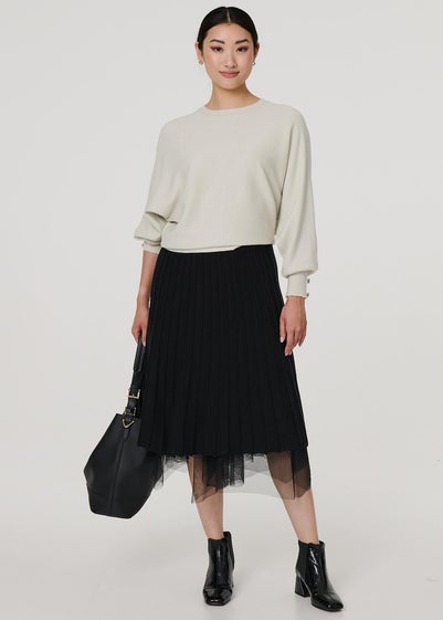 Izabel London Black Reversible Hanky Hem Mesh & Knit Midi Skirt