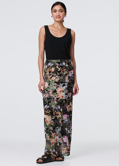 Izabel London Green Floral Mesh High Waist Straight Maxi Skirt