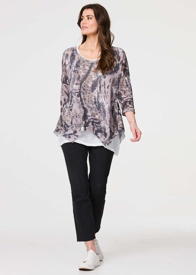 Izabel London Beige Animal Print Double Layer Relaxed Tunic Top