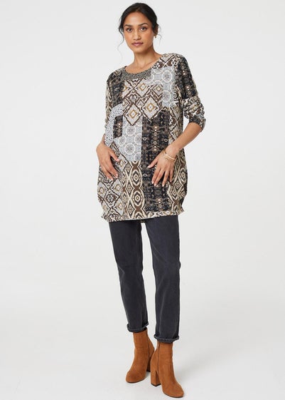 Izabel London Beige Patchwork Print Long Sleeve Scoop Neck Tunic