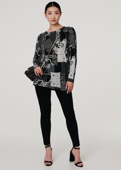 Izabel London Grey Patchwork Print Long Sleeve Tunic Top