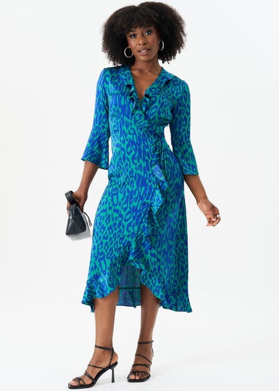 Gini London Green Animal Print Ruffle Wrap Dress