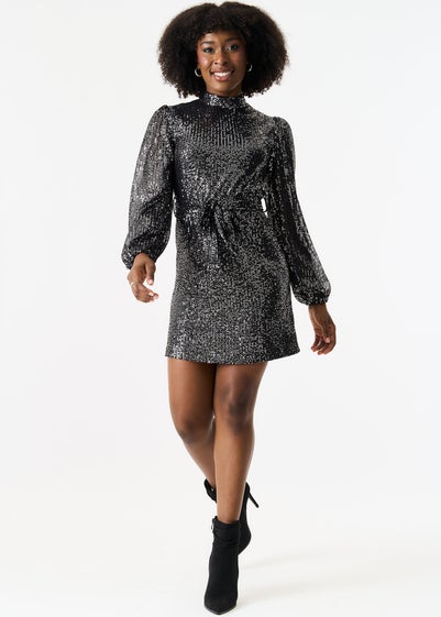 Gini London Black High Neck Long Sleeves Belted Sequin Dress