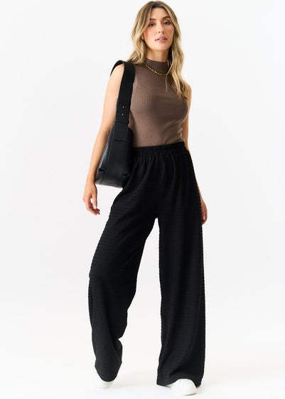 Gini London Black Textured Elastic Waist Pull On Trousers