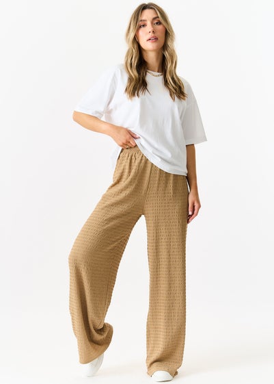 Gini London Camel Textured Elastic Waist Pull On Trousers