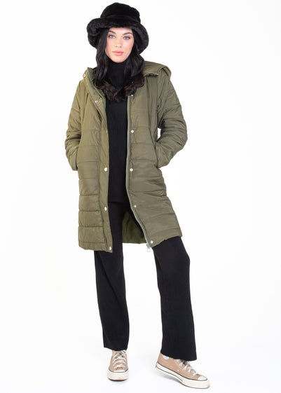 Gini London Khaki Longline Padded Jacket with Hood