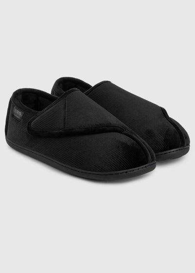 Totes Isotoner Black Velour Closed Back Slipper With Velcro Opening