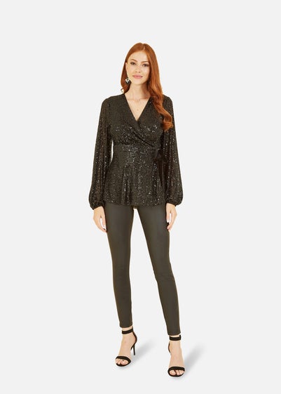 Yumi Black Sequin Wrap Top With Velvet Tie