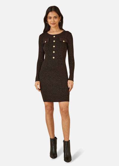 Yumi Black Metallic Military Fitted Knitted Dress