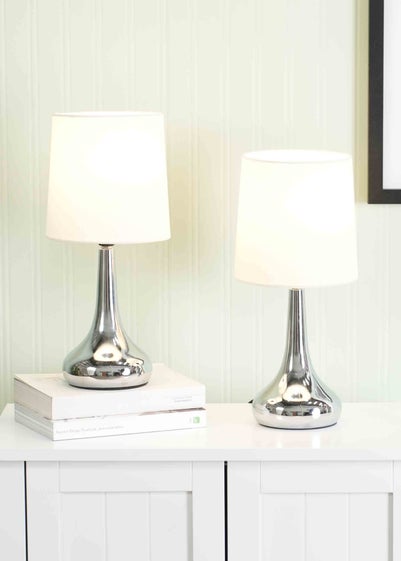 ValueLights Pair of Dimmable Brushed Silver Table Lamp with Cream Drum Shade