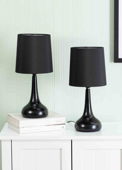 ValueLights Pair of Dimmable Matte Black Table Lamp with Black Drum Shade