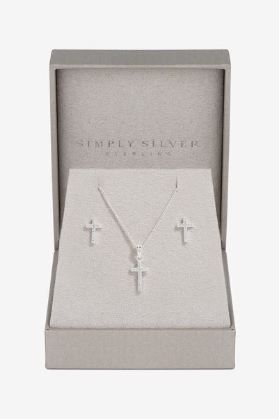 Simply Silver Sterling Silver 925 Cubic Zirconia Cross Set  - Gift Boxed