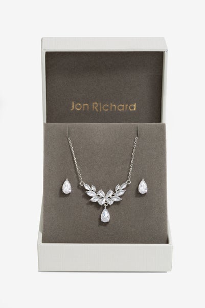 Jon Richard Rhodium Plated Cubic Zirconia Floral Set - Gift Box