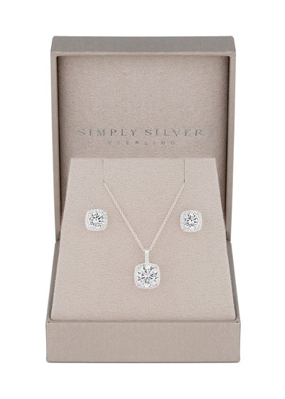 Simply Silver Sterling Silver 925 Halo Square Solitaire Matching Jewellery Set - Gift Boxed