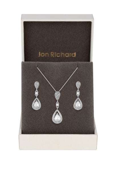 Silver Plated Clear Crystal Pave 3 Tier Pear Drop Matching Set - Gift Box