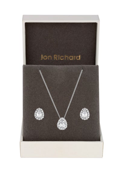 Jon Richard Rhodium Plated Cubic Zirconia Pear Stone Set - Gift Boxed