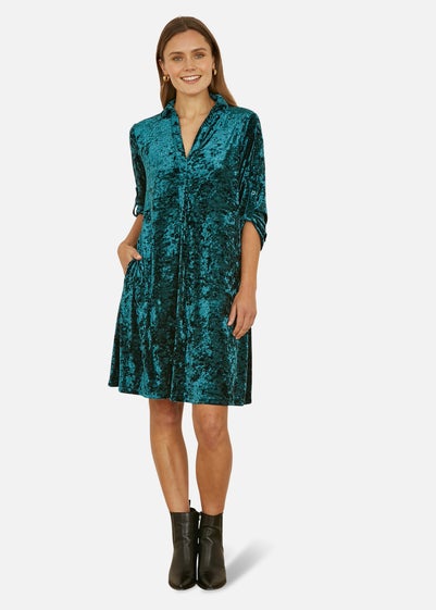 Yumi Green Velvet Tunic Dress With 3/4 Sleeves